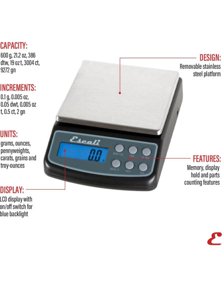 Balanza de Precisión Escali L600 - 600g, Pantalla LCD, Acero Inoxidable