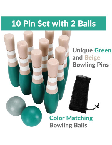 Conjunto de Bolos de Madera Sterling Sports 23 cm - 10 Pines y 2 Pelotas