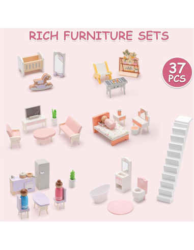 Casa de Muñecas de Madera SainSmart Jr. 3 Pisos 37 Piezas