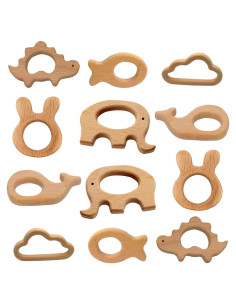 Set de 12 Mordedores de Madera Natural para Bebés - Juguetes Educativos