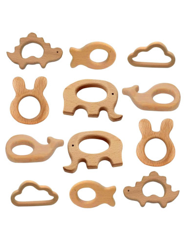 Set de 12 Mordedores de Madera Natural para Bebés - Juguetes Educativos