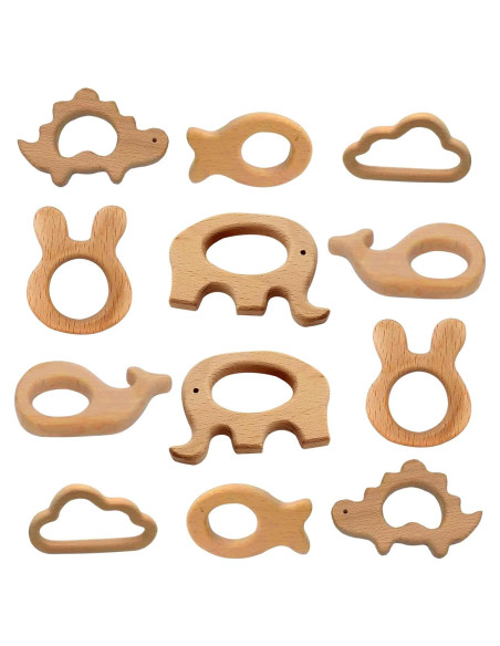 Set de 12 Mordedores de Madera Natural para Bebés - Juguetes Educativos