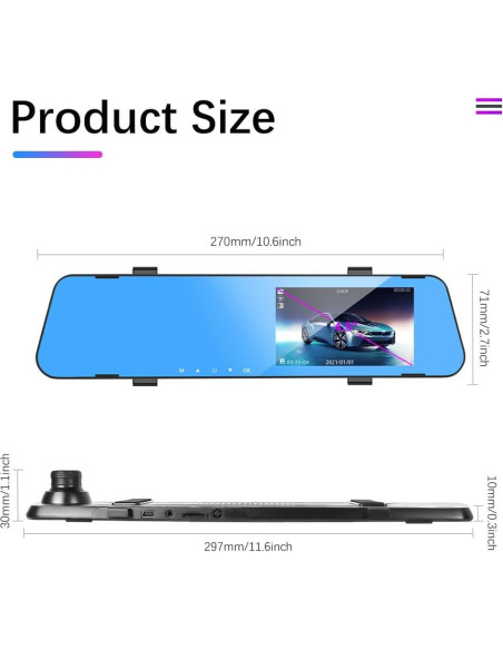CAMECHO Cámara Espejo 4.5" Dash Cam 1080P Doble Lente