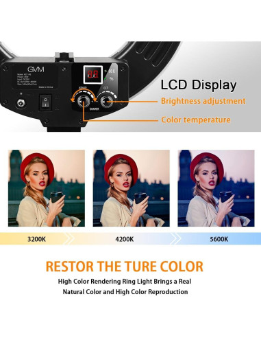 Luz de Anillo GVM LED Bi-Color 14" con Trípode y Bluetooth