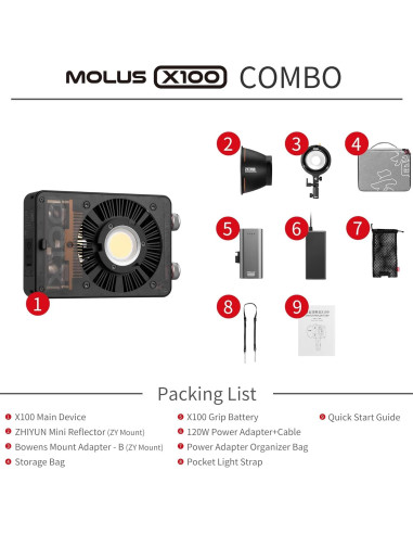 Luz de Video LED Zhiyun MOLUS X100 Combo V2 100W Mini Foco