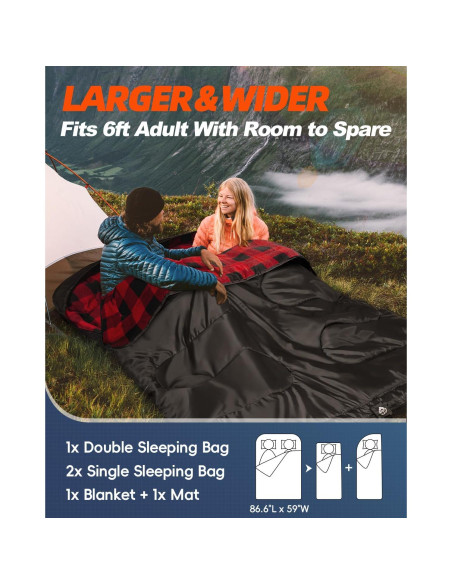 Saco de Dormir Doble MEREZA Franela XL 220x150 cm para Camping