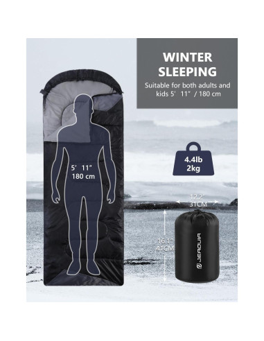 Saco de Dormir JEAOUIA XL Ligero Impermeable 1 Persona
