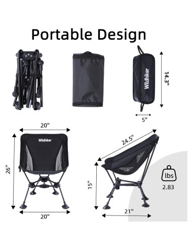 Silla de Camping Plegable Wildhiker - Antihundible, 150 kg, Negra