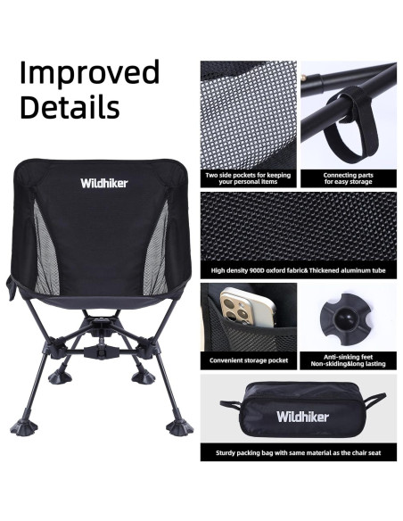 Silla de Camping Plegable Wildhiker - Antihundible, 150 kg, Negra