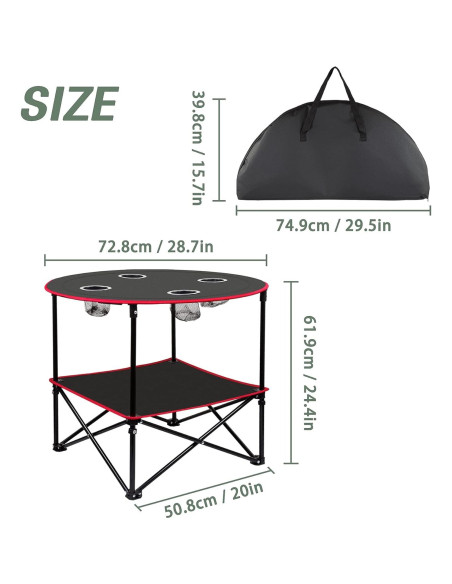 Mesa de Picnic Plegable LESES 72.9 cm Acero Inoxidable Negra y Roja
