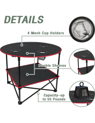 Mesa de Picnic Plegable LESES 72.9 cm Acero Inoxidable Negra y Roja