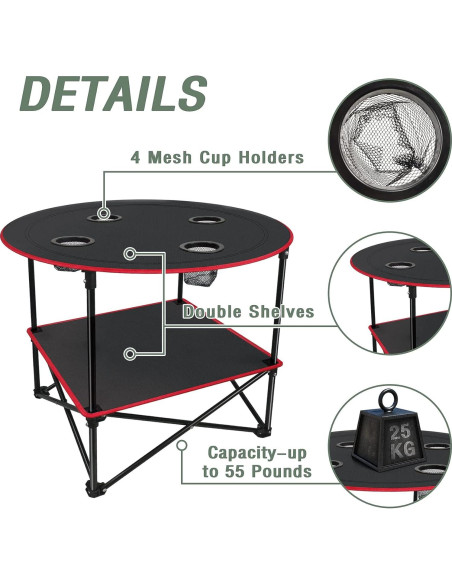 Mesa de Picnic Plegable LESES 72.9 cm Acero Inoxidable Negra y Roja