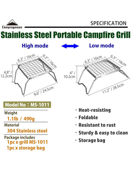Parrilla de Camping Plegable Camping Moon VA-US-MS-1011 Acero Inoxidable