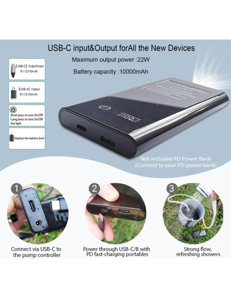 Ducha portátil Iron Hammer 12V alta presión USB-C camping