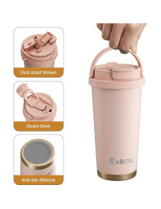 Taza de viaje Exllena 500ml acero inoxidable a prueba de fugas rosa 2
