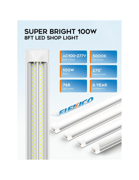 Luz de Taller LED 8FT ELEKICO 100W 15000lm Conectable 10 Pcs