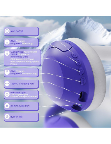 Auriculares Inalámbricos LexonElec G300 con ANC, Púrpura