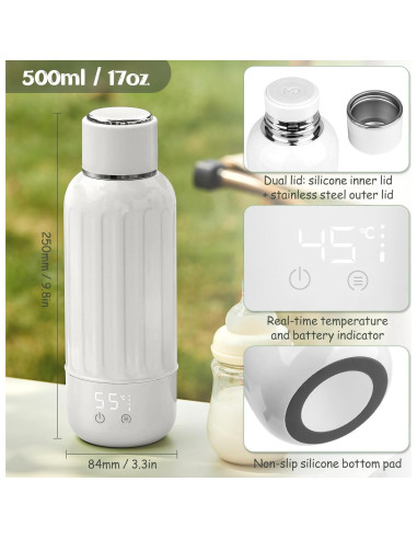 Calentador de Botellas Portátil Blanco 500 ml con Pantalla LED
