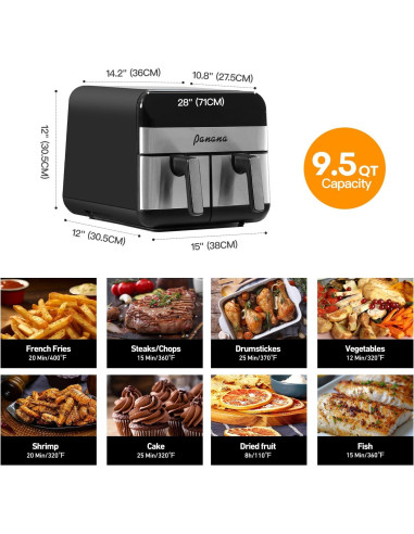 Freidora de Aire Panana XL 9.5L 8 Funciones Doble Cesta