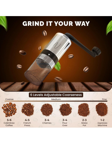 Molino de Café Manual Café Nocturno - Acero Inoxidable, 6 Niveles