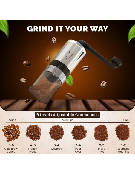 Molino de Café Manual Café Nocturno - Acero Inoxidable, 6 Niveles Molino de Café Manual Café Nocturno - Acero Inoxidable, 6 Niveles