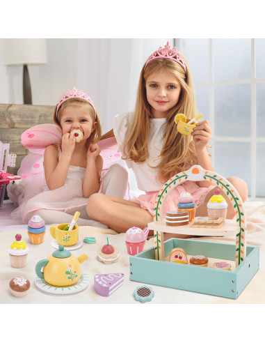 Juego de Té de Madera Melofaver 23 Piezas para Niños 3-5 Años