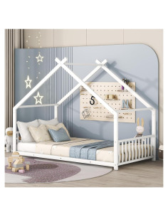 Cama Casa Twin Jintop de Metal con Techo y Listones, Blanca