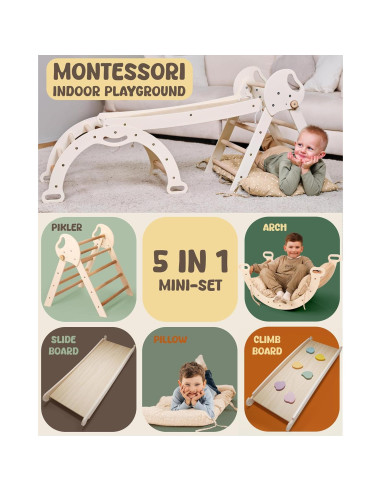 Juego de Escalada Montessori 5 en 1 Goodevas - Triángulo Pikler, Arco, Cojín