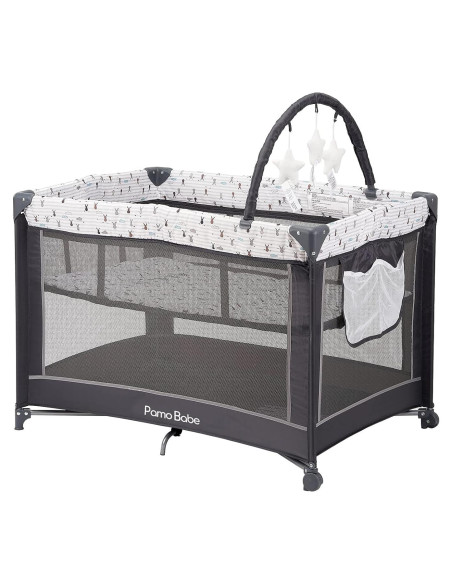 Cuna Portátil Pamo Babe Gris con Alfombrilla Acolchada