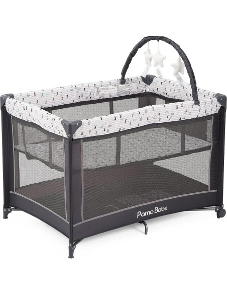 Cuna Portátil Pamo Babe Gris con Alfombrilla Acolchada