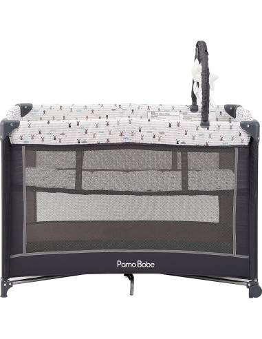 Cuna Portátil Pamo Babe Gris con Alfombrilla Acolchada