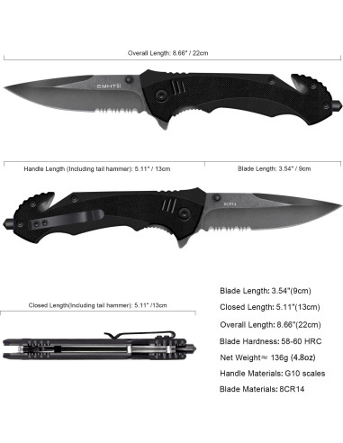 Cuchillo Plegable EMHTiii con Cortador y Rompedor de Vidrio