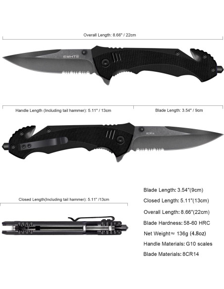 Cuchillo Plegable EMHTiii con Cortador y Rompedor de Vidrio