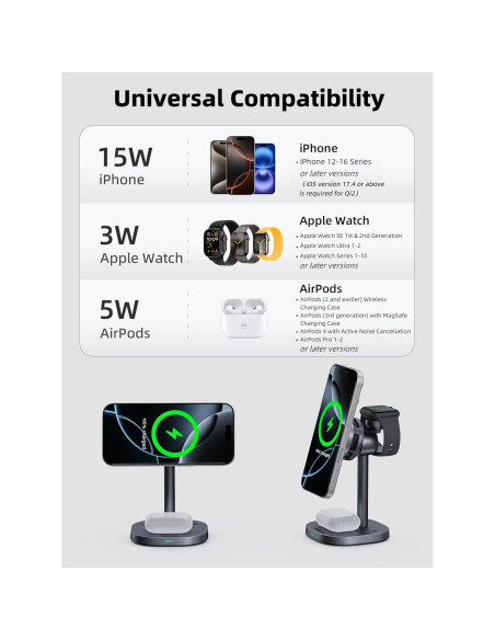 Cargador Inalámbrico 3 en 1 TRIBONE TB-005 Qi2 15W para iPhone 16