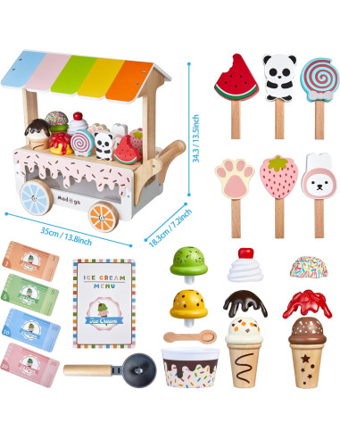 Carrito de Helados de Madera Medoga 29 Piezas para Niños