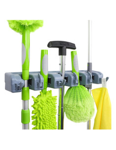 Soporte de Escoba Montaje en Pared Amazon Basics 6 Ganchos Gris