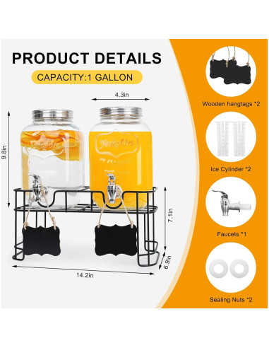 Paquete de 2 dispensadores de vidrio 3.78L con grifo y soporte