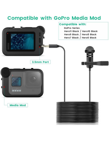 Micrófono Lavalier Weishan 3m para GoPro HERO11, HERO10, HERO9