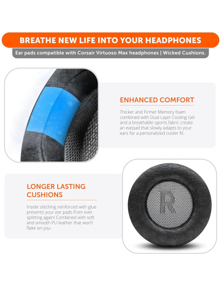 Almohadillas de Gel Refrigerante Wicked Cushions para Corsair Virtuoso Max - Comodidad Extrema, Negro