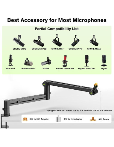 Brazo de Micrófono de Perfil Bajo ABA01 - Soporte Estable para Shure SM7B, Blue Yeti, Rode PodMic
