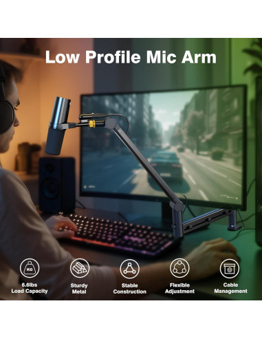 Brazo de Micrófono de Perfil Bajo ABA01 - Soporte Estable para Shure SM7B, Blue Yeti, Rode PodMic