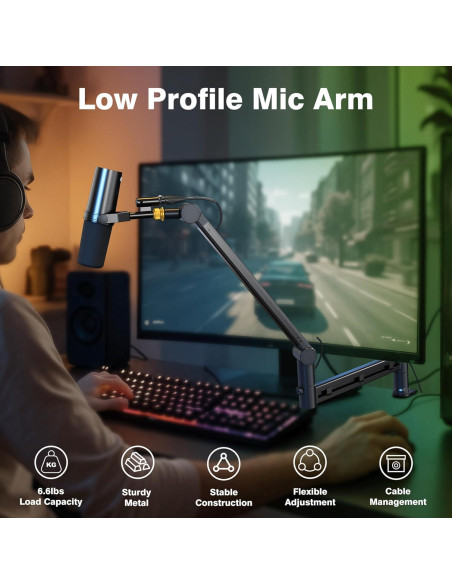 Brazo de Micrófono de Perfil Bajo ABA01 - Soporte Estable para Shure SM7B, Blue Yeti, Rode PodMic Brazo de Micrófono de Perfil Bajo ABA01 - Soporte Estable para Shure SM7B, Blue Yeti, Rode PodMic