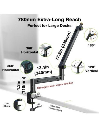 Brazo de Micrófono de Perfil Bajo ABA01 - Soporte Estable para Shure SM7B, Blue Yeti, Rode PodMic