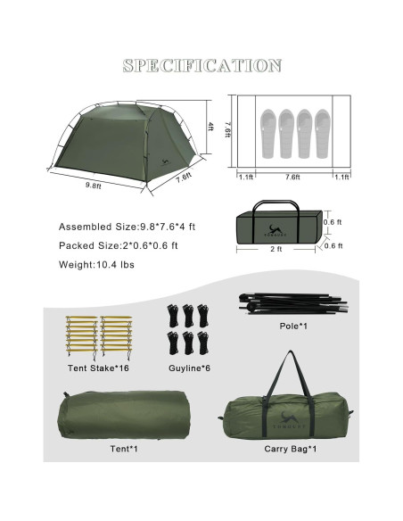 Carpa de Camping SML para 4 Personas PU3000mm Impermeable