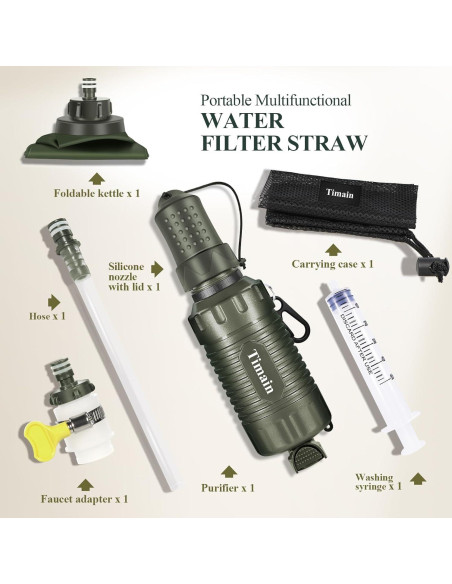 Filtro de Agua Portátil Timain Verde para Camping y Senderismo