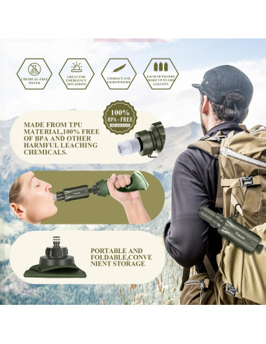 Filtro de Agua Portátil Timain Verde para Camping y Senderismo