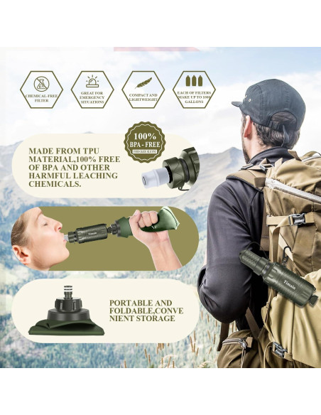 Filtro de Agua Portátil Timain Verde para Camping y Senderismo