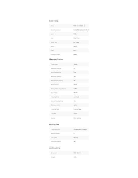 Lente Tokina FRN-MF20FXSE 20mm f/2 E-Mount para Sony