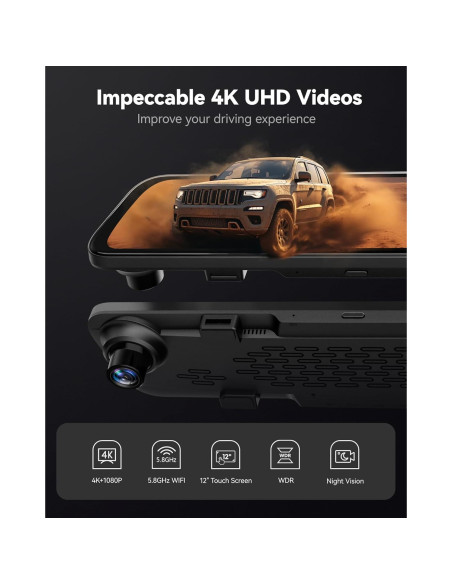 Cámara de Tablero Espejo WOLFBOX G840S 12" 4K con Cable de 10m