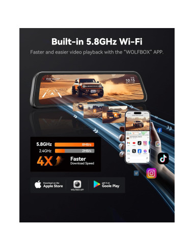 Cámara de Tablero Espejo WOLFBOX G840S 12" 4K con Cable de 10m